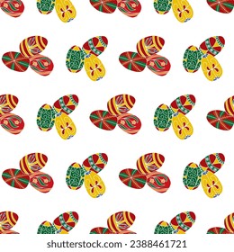 A linear pattern of clusters of colorful Ukrainian easter eggs are placed on a white background creating a vector repeat seamless design.