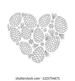Linear pattern of cones, needles and snowflakes form a contour of the heart. Vector graphics