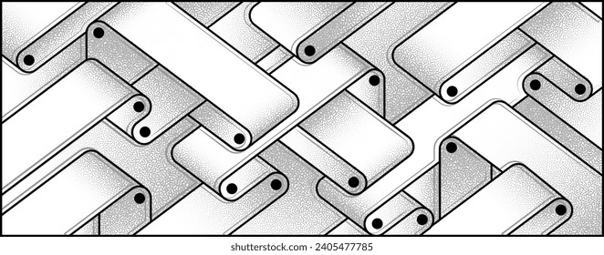 Linear pattern with conveyor belts in different directions with dotted halftone shadows. 