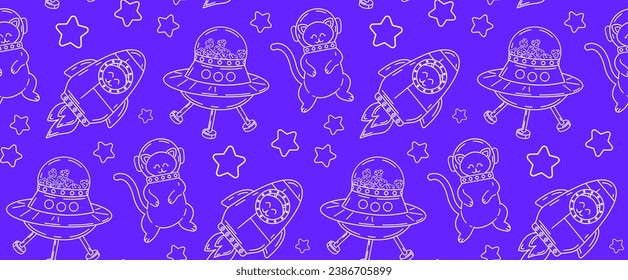 Linear pattern with cute cats in space. Vector seamless pattern of pet characters in doodle style.
