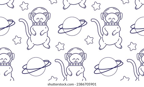 Linear pattern with cute cats in space. Vector seamless pattern of pet characters in doodle style.