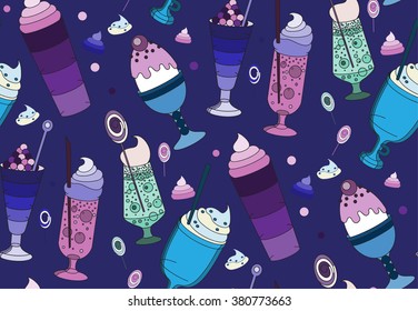 The linear pattern of desserts, ice cream and sweets. Background, fabric, wallpaper. Vector illustration.