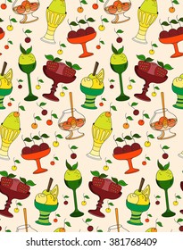 The linear pattern of desserts, ice cream and sweets.  Vector illustration.