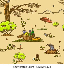 Linear pattern with elements of relaxation in the garden and in nature. Seamless vector made by hand graphics for textiles, packaging, sites, cards, advertising