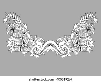 The linear pattern of flowers and leaves. Abstract Neck decoration. Line art. Black and white drawing by hand. Print. Tattoo.