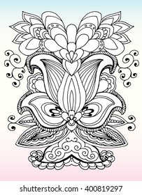 The linear pattern of flowers and leaves. Abstract Neck decoration. Line art. Black and white drawing by hand. Print. Tattoo.