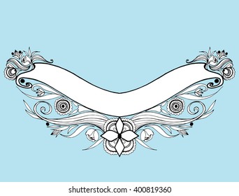 The linear pattern of flowers and leaves. Abstract Neck decoration. Line art. Black and white drawing by hand. Print. Tattoo.