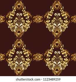 Linear pattern. Geometric pattern. Sketch, scribble, doodle on brown, yellow and beige colors. Seamless ornament. Lace pattern. Repeated doodles. In vintage style. Royal style. Vector. Vector.