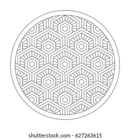 The linear pattern of geometric symbols isolated on white background. Ornament in a round frame of repeating hexagons. Black and white drawing. Vector illustration. Easy to edit color and lines.