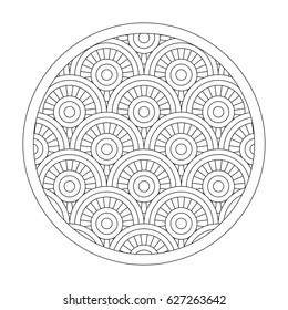 The linear pattern of geometric symbols isolated on white background. Ornament in the round frame of repeating circles. Black and white drawing. Vector illustration. Easy to edit color and lines.