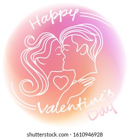 a linear pattern. the girl kisses the young man. white outline on a pink blurred background. happy Valentine's day inscription. vector illustration. EPS 10.