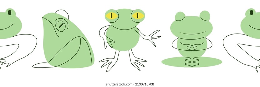 Linear pattern with green frogs. Vector illustration of amphibians lineart.
