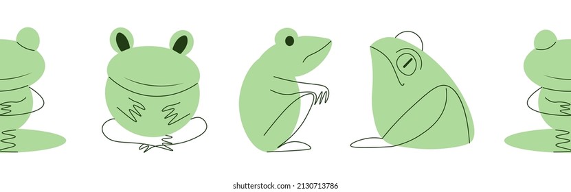Linear pattern with green frogs. Vector illustration of amphibians lineart.