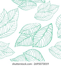 Linear pattern of green leaves on a white background. Botanical print conveys natural beauty and purity of forms. For design of ecological products, stationery, textiles, packaging, healthy food