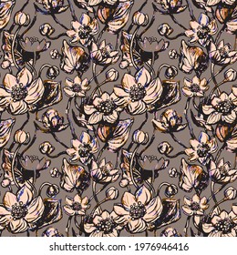 Linear pattern - lotus, water lillies flowers. Lotus flowers seamless pattern. Monotone with drawing line art. Exsotic beige background texture. Tropical floral line art print.