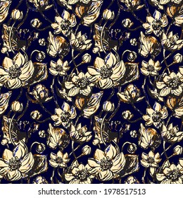 Linear pattern - lotus, water lillies flowers. Lotus flowers seamless pattern. Monotone with drawing line art. Exsotic blue background texture. Tropical floral line art print.