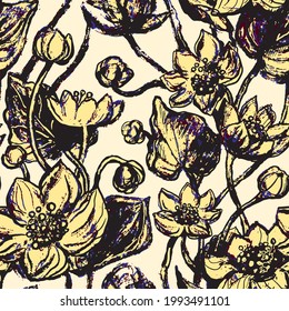 Lineares Muster - Lotus, Wasserlililie Blumen. Lotus blüht nahtloses Muster. Monotone mit Zeichenkunst. Exsotisches Licht, Glanz, gelbe Hintergrundstruktur. Tropischer Blumendruck.