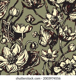 Patrón lineal - loto, lilas de agua flores. Patrón sin fisuras de las flores de Lotus. Monotone con el arte de la línea de dibujo. Textura verde exótica, de fondo caqui. Impresión tropical de línea floral.