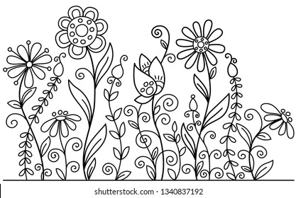 Linear pattern made of decorative flowers and plants  nature of wild field and meadow. Vector sketch illustration isolated on white background. Can be used as border.