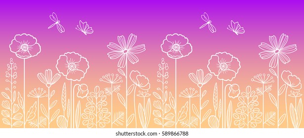 Linear pattern made of decorative flowers and plants with dragonfly and butterfly, nature of wild field and meadow. Vector illustration isolated on yellow-violet background. Can be used as border.