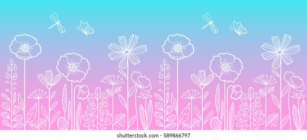 Linear pattern made of decorative flowers and plants with dragonfly and butterfly, nature of wild field and meadow. Vector illustration isolated on light blue pink background. Can be used as border.