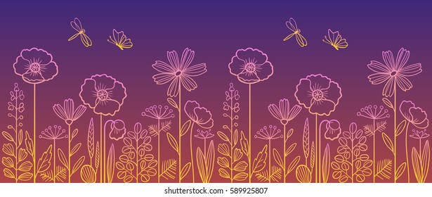Linear pattern made of decorative flowers and plants with dragonfly and butterfly, nature of wild field and meadow. Vector illustration in violet, pink and orange colors. Can be used as border.