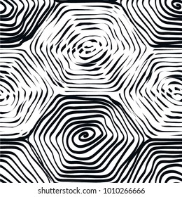 Linear pattern mosaic, spiral, hexahedron, doodle, seamless vector background.