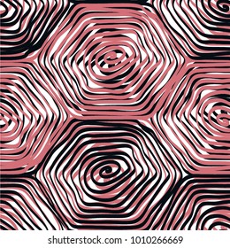 Linear pattern mosaic, spiral, hexahedron, doodle, seamless vector background.