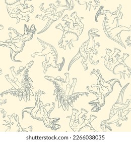 Linear pattern of realistic dinosaurs to decorate a kids book. Vector clipart