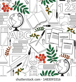 the linear pattern of school supplies and autumn leaves makes a seamless pattern. 
vector illustration. EPS 10.