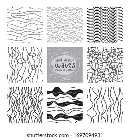 Linear pattern set. Hand drawn waves. Line art. Print for postcards, posters, banners, scrapbooking. Stripe texture. Wavy background. Seamless pattern