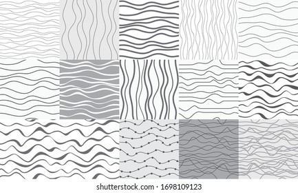 Linear pattern set. Hand drawn waves. Seamless pattern. Line art. Print for postcards, posters, banners, scrapbooking. Stripe texture. Wavy background