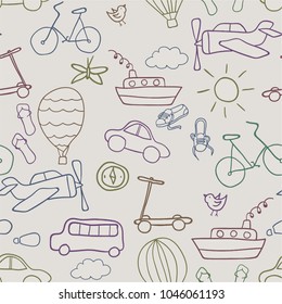 Linear pattern. The theme of travel, tourism, nature, movement. Simple stylization of objects. High resolution vector image. Children's pattern.