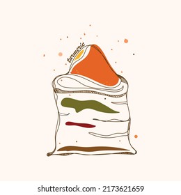 Linear pattern of turmeric. Vector illustration of a spice bag with orange spots. Picture of turmeric for package or recipe design or advertising.