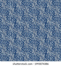 Linear pattern of white mesh leaves. Vector illustration on a blue background.Abstract leaf mesh pattern, weaving, seamless vector background.
