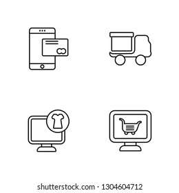 Linear Pay, Online shop, Delivery truck, Online shop Vector Illustration Of 4 outline Icons. Editable Pack Of Pay, Online shop, Delivery truck, Online shop