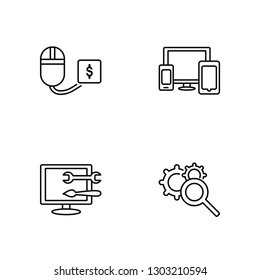 Linear Pay per click, De, Devices, Search engine Vector Illustration Of 4 outline Icons. Editable Pack Of Pay per click, De, Devices, Search engine