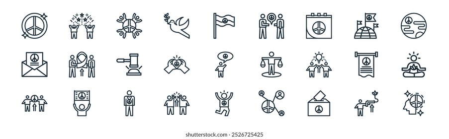 linear peace day icon pack. vector thin line gun, celebration, unity, international, love, peaceful, happy, spiritual icons suitable for apps and websites ui designs