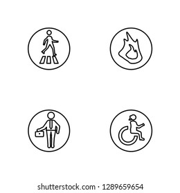 Linear Pedestrian, Working, Fire, Handicap Vector Illustration Of 4 outline Icons. Editable Pack Of Pedestrian, Working, Fire, Handicap