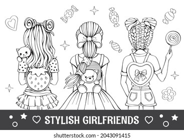 Linear pencil drawing. Antistress coloring book, page. Best friends. Fashion girl with hairstyle and backpack. Cartoon modern princess. Doll or toy. Zen tangle style. Illustration for children. Vector