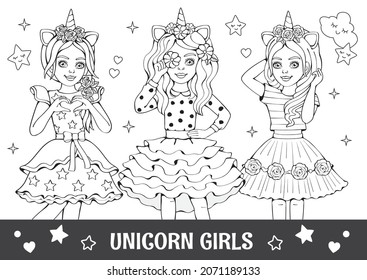 Linear pencil drawing. Antistress coloring book, page. Best friends. Fashion girl in beautiful dress. Unicorn costume. Cute Fairy or princess. Doll or toy. Сartoon сhildren's illustration. Vector. 