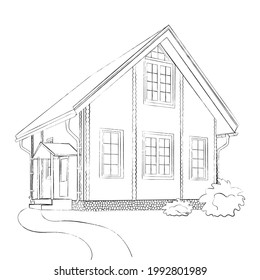 Linear pencil sketch of the facade of the house. White silhouette of a cottage-type house. Isolated. Vector