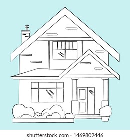 Linear pencil sketch of the house. White silhouette of a cottage-type house. Isolated. Vector