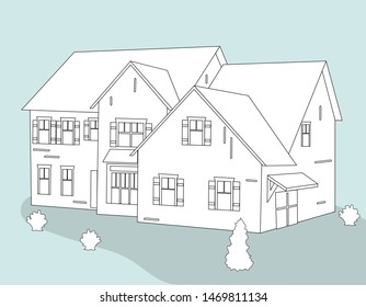 Linear pencil sketch of the house. White silhouette of a cottage-type house. Isolated. Vector