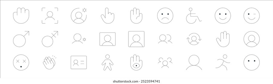 Icon-Paket für lineare Personen. Vektor dünne Linie laufen, Fokus, Getriebe, Smiley, Benutzer, Benutzer, Hand, Lächeln Symbole geeignet für Apps und Websites ui Designs