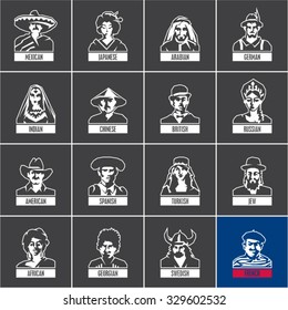 linear people icons set on black background, different nationalities, traditional dress, national costume, avatars collection