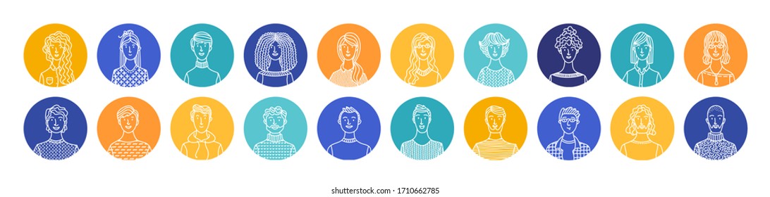 Linear people icons set. Vector user avatars. Outlined minimalistic icons. Men and women portraits set. People profile pictures. Cartoon avatars for game, internet forum, or web account