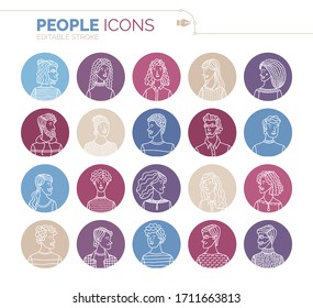 Linear people icons set. Vector user avatars. Outlined minimalistic icons. Men and women portraits set. People profile pictures. Cartoon avatars for game, internet forum, or web account