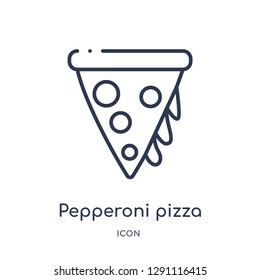 Linear pepperoni pizza slice icon from Bistro and restaurant outline collection. Thin line pepperoni pizza slice vector isolated on white background. pepperoni pizza slice trendy illustration