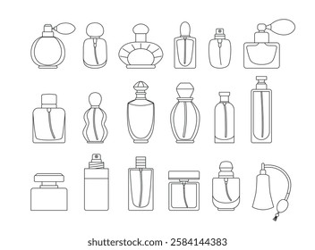 Linear perfume bottles big clipart. Blank silhouettes. Fragrance, essence, toiletry flask. Women's perfume with different scents. Line art. Editable stroke. Sign, logo, symbol. Vector. Coloring book.